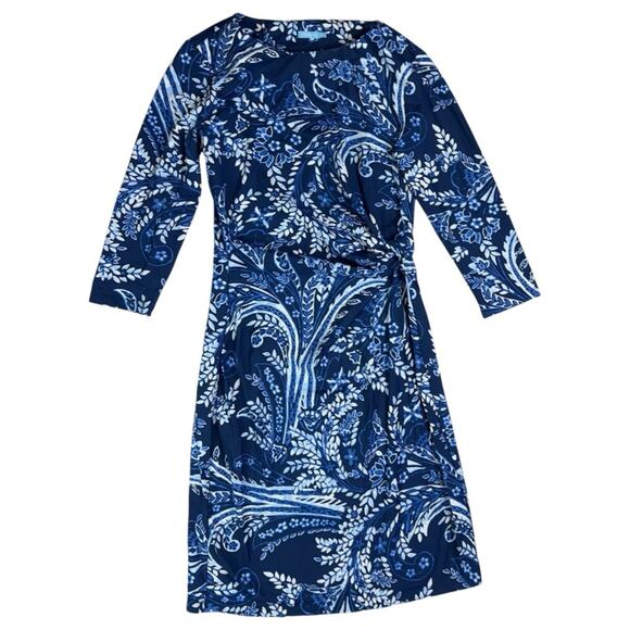 J. McLaughlin Women's Blue Paisley Midi Dress with Boat Neck and 3/4 Sleeves XS - Picture 2 of 7